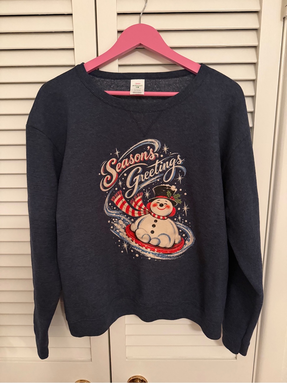 Hanes Navy Crewneck Sweatshirt with Festive Snowman Graphic